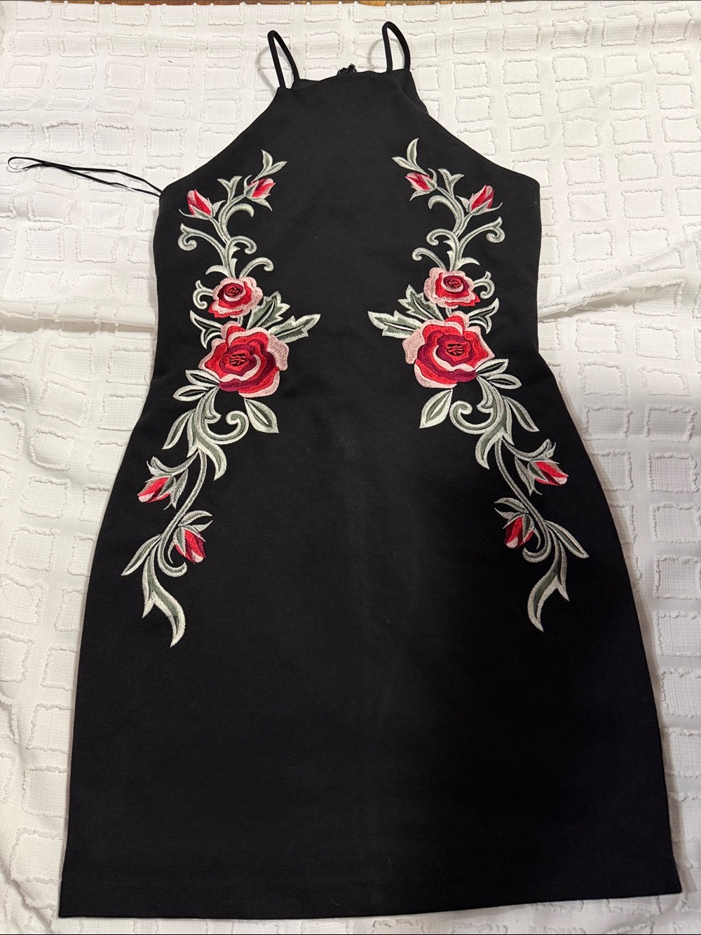 Express Black Mini Dress with Red Rose Embroidery